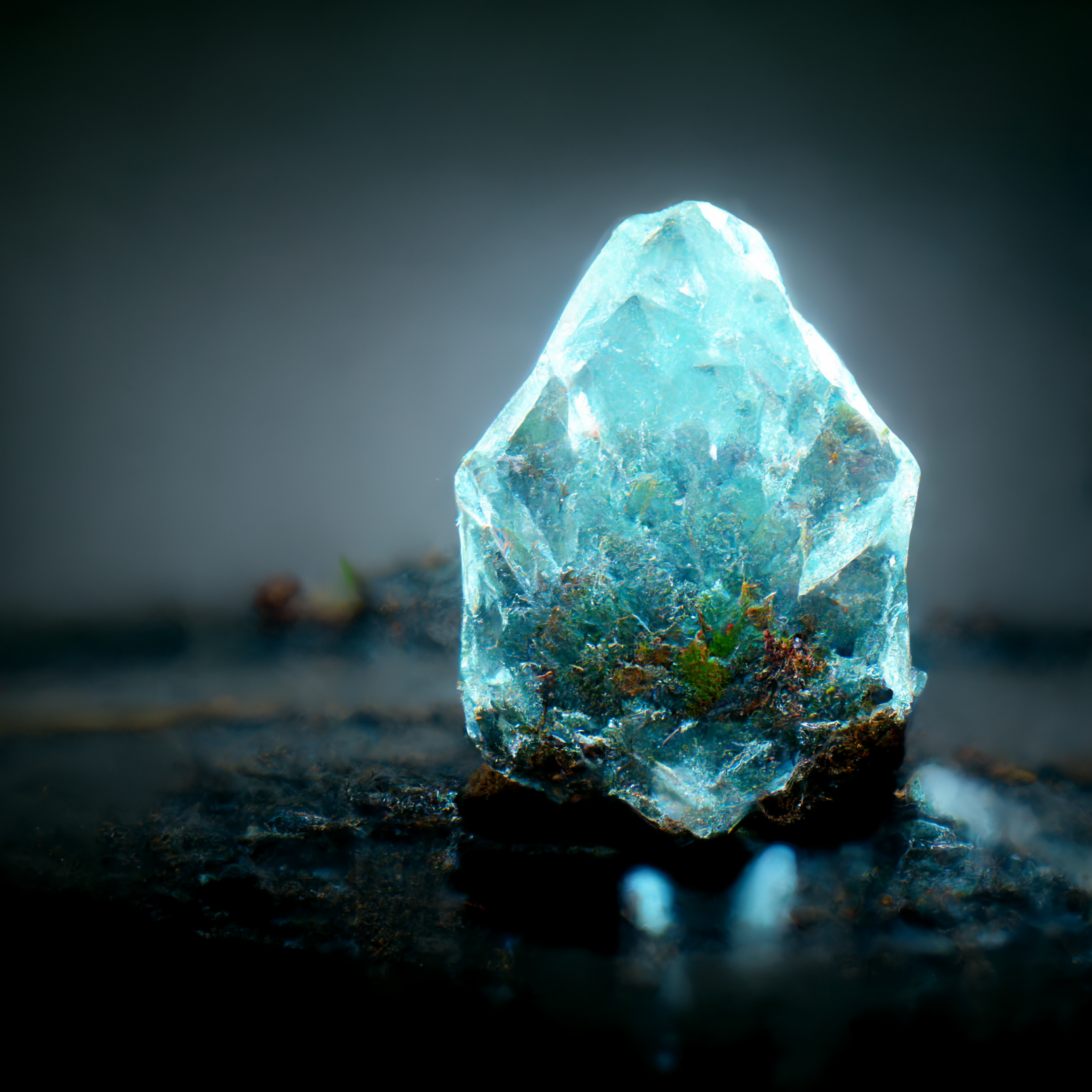 Image of a blue crystal, with moss and dirt surrounding the base, with light shining down from above, illuminating the ground with a blue hue. The surrounding area is out of focus, and consists of a dark rocky ground, and a seemingly gray sky.