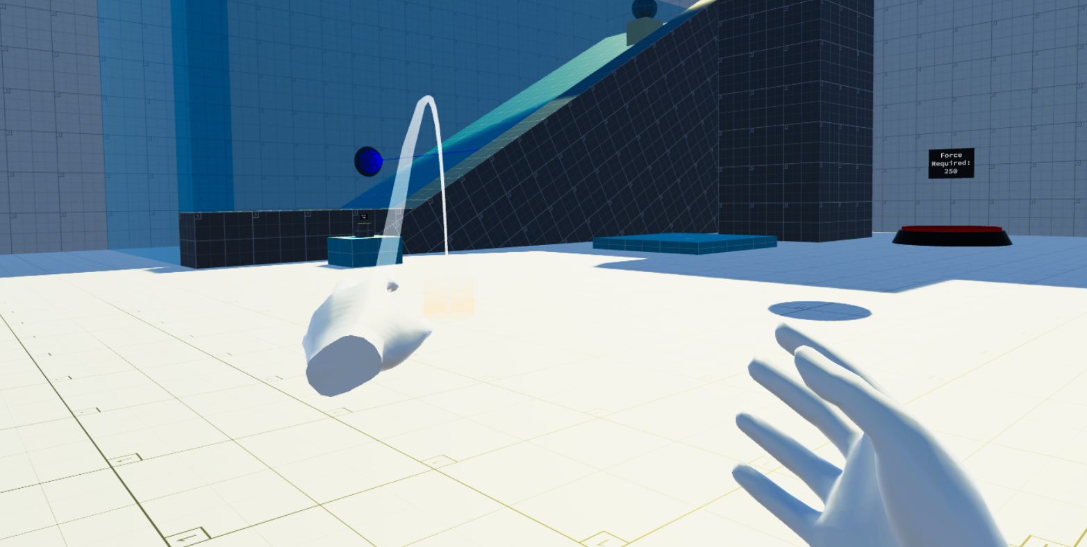 Screenshot from a Virtual Reality environment. A white, clinical looking room, with a black and blue ramp surrounded by glass. A ball is falling down the ramp. The player is attempting to move forward towards the ramp by using a white ray to aim where they will move to.
