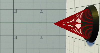 A red laser being fired out of a red wireframe in a cone shape against a white background.